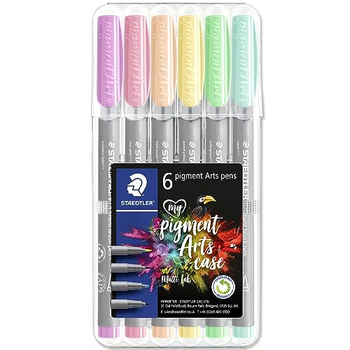STAEDTLER 371 Pigment Brush Pens | Pigment Arts Adult Fibre-Tip Colouring Pen | Ideal for Calligraphy, Brush Lettering, Drawing, Illustrations (Wallet of 6, Pastel Set)