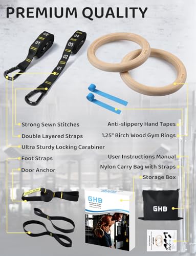 GHB Gymnastic Rings Wooden Gym Rings 1.25" Olympic Rings Adjustable Straps Pull Up Rings Sets for Workout Bodyweight Fitness Training - style: 32mm Rings & Carabiner Numbered Straps Set