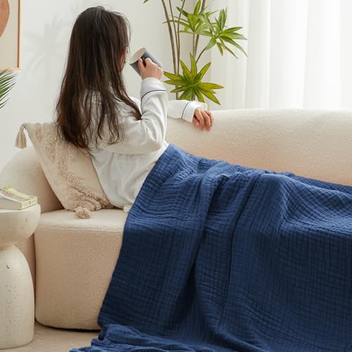 Love's cabin 100% Cotton Muslin Blanket, 6 Layer Lightweight Breathable Gauze King Size Blanket 108 x 90 Inches, Soft Summer Blanket for Bed, Dark Blue - color: Dark Blue, size: King(108"x90")
