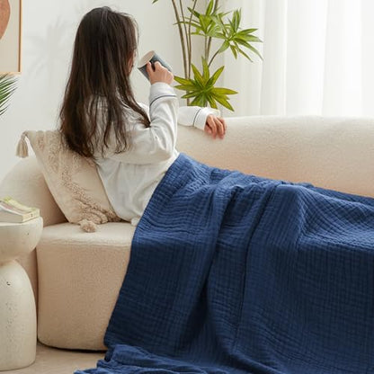 Love's cabin 100% Cotton Muslin Blanket, 6 Layer Lightweight Breathable Gauze Queen Size Blanket 90 x 90 Inches, Soft All Season Blanket for Bed, Dark Blue - color: Dark Blue, size: Queen(90"x90")