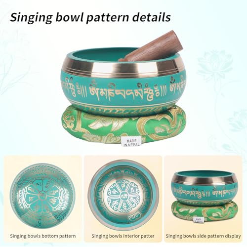 Kmise Tibetan Singing Bowls Set- Handmade in Nepal Meditation Sound Bowls for Yoga, Meditation, Mindfulness, Healing and Chakra Balancing, Stress Relief (5', Green) - color: 5inch Green