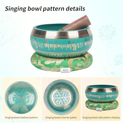 Kmise Tibetan Singing Bowls Set- Handmade in Nepal Meditation Sound Bowls for Yoga, Meditation, Mindfulness, Healing and Chakra Balancing, Stress Relief (5', Green) - color: 5inch Green