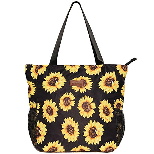 ESVAN Original Floral Water Resistant Large Tote Bag Shoulder Bag for Gym Beach Travel Daily Bags Upgraded - color: [N] Sunflower