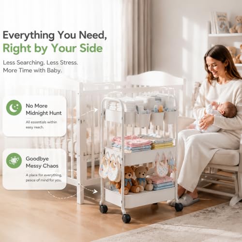 Heavy Duty 3 Tier Rolling Cart Metal with Wheels, White Three Tiered Shelf | Utility Roller Storage Carts Organizer on Wheels for Art, Craft,Baby Nursery, Diaper Caddy,Postpartum,Bedside,Cleaning Supply - color: Pure White