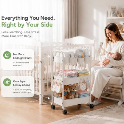 Heavy Duty 3 Tier Rolling Cart Metal with Wheels, White Three Tiered Shelf | Utility Roller Storage Carts Organizer on Wheels for Art, Craft,Baby Nursery, Diaper Caddy,Postpartum,Bedside,Cleaning Supply - color: Pure White