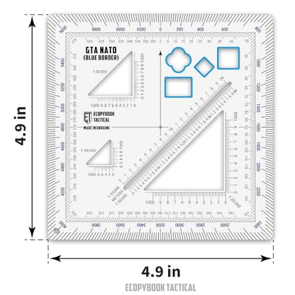 Ecopybook Flexible GTA NATO Army Protractor, Square Map Military Protractor for Land Navigation, 125x125mm, Matte Anti-Glare Army Coordinate Scale
