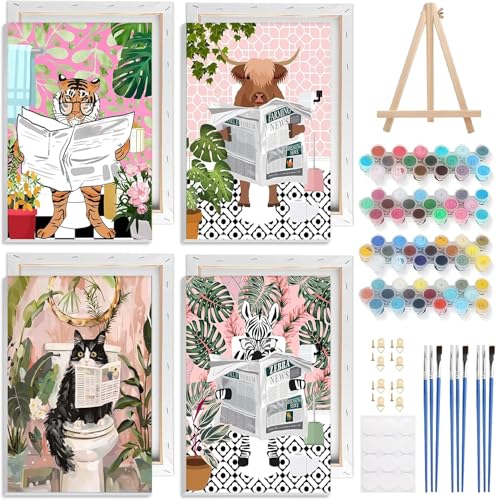 GHHKUD 4Pack Framed Paint by Numbers Animals, for Adults Kids, DIY Animals on The Toilet Read News Painting by Numbers with Frame Wooden Holder,Art on Canvas Gifts Home Wall Decor 20x30cm - color: YH4ZH445