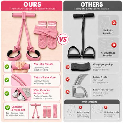 Pedal Resistance Band, Stitched Anti-Snap Elastic Pull Rope Fitness Equipment, 3-in-1 Home Workout Exercise Bands Set with Pilates Grip Socks & Headband - color: Pink, size: 95LB