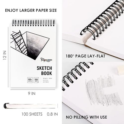 Fingraspuro 9x12 Top Spiral Sketchbook, 160 GSM, 100 Sheets, Hardcover | 108 lb acid-free hot press paper, micro-perforated sheets, for pencil, charcoal, gouache, wet and dry media