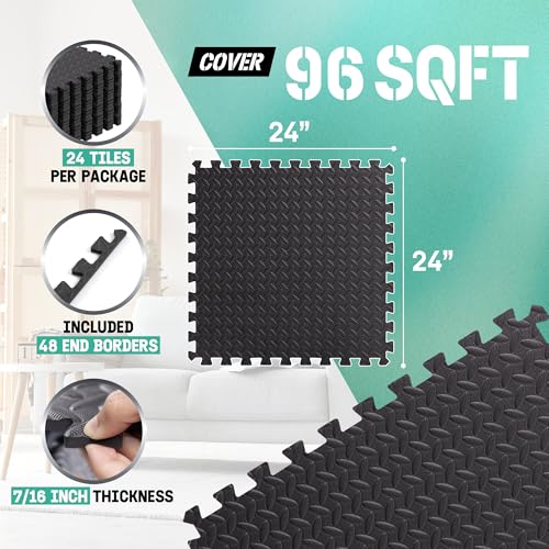 Yes4All 24SQFT-120SQFT Puzzle Exercise Mat for Home Gym, EVA Interlocking Foam Floor Tiles with Border for Workout Equipment - color: Black, style: C'. 7/16" Thick, 96 SQFT