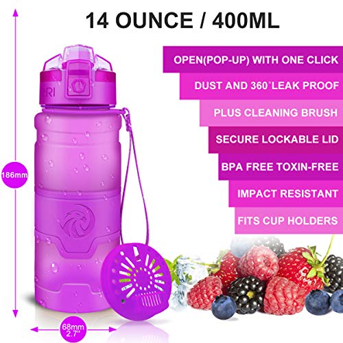 ZORRI Sports Water Bottle, 400/500/700ml/1L, BPA Free Leak Proof Tritan Lightweight Bottles for Outdoors,Camping,Cycling,Fitness,Gym,Yoga- Kids/Adults Drink Bottles with Filter, Lockable Pop Open Lid - color: Purple, size: 17 Ounces