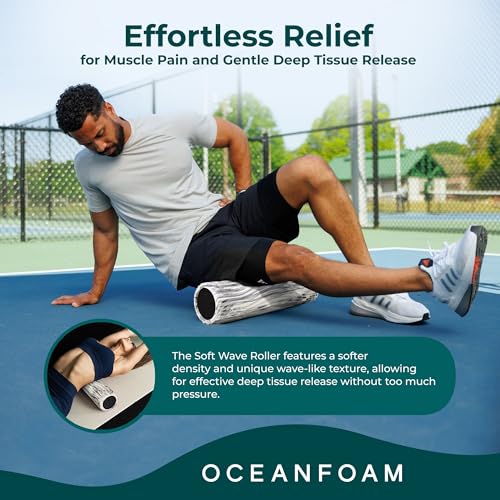 Oceanfoam Soft Tidal Roller (Black Marbled) - Low Density Foam Roller for Physical Therapy, Back Pain, Excercise & Stretching - Wave Textured - Yoga, Athletics, & Wellness - Full Size, 20" x 5" - color: Black Marbled