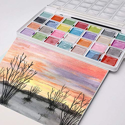 Artecho 28 Metallic Watercolor Paint Set | Glitter Colors, Semi-Moist Pearlescent Watercolor, Non-Toxic, for Beginners & Artists