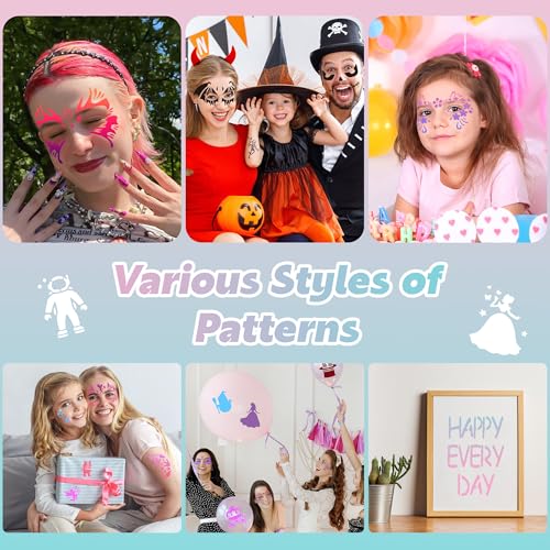 58PCS Face Paint Stencils, Halloween Festival DIY Body Art | Reusable, Washable, 50 Face Painting Stencils, 8 Sheets Tattoo Templates Stickers, Makeup Party, Painting Supplies