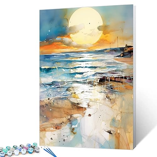 Paint by Number Sunset Beach Sea Landscape Abstract Beach DIY Painting On Canvas with Brushes Acrylic Paints Perfect for Paint by Numbers for Adults and Kids Students Beginner 16x20 Inch（DIY Frame） - color: Abstract Beach 01, size: 16''x20''(DIY Frame)
