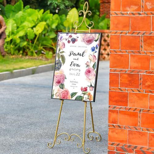 61”H x 20”L x 24”W Metal Extra Large Free Standing Display Stand Easel | Gold Scroll Floor Easel Stand for Sign Wedding Mirror Picture Frame, with Adjustable Chain