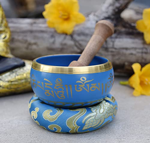 DharmaObjects Tibetan Meditation Om Mani Singing Bowl/Cushion/Mallet (Turquoise) - color: Turquoise, size: Small