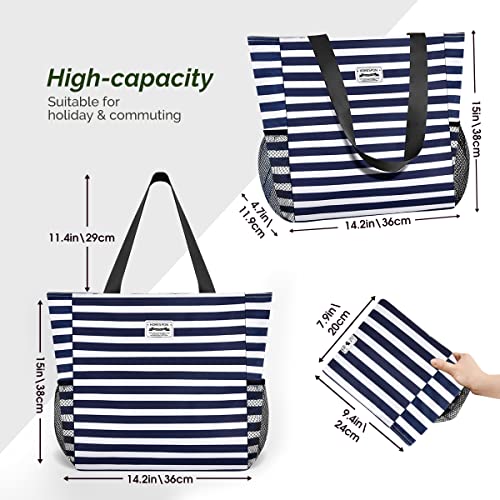 Buringer Large Waterproof Beach Bag for Women Sandproof Tote Bag with Zipper and Pockets Pool Bag for Travel Gym Vacation - color: Blue Stripes