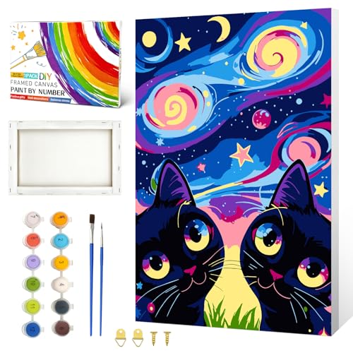 ZTOTZ Framed Paint by Numbers with Black Cats,Cute Animals Canvas 8x12in | Paint by Numbers for Adults,Easy Number Kits for Home Wall Decor,Color Box - color: A-10-cat