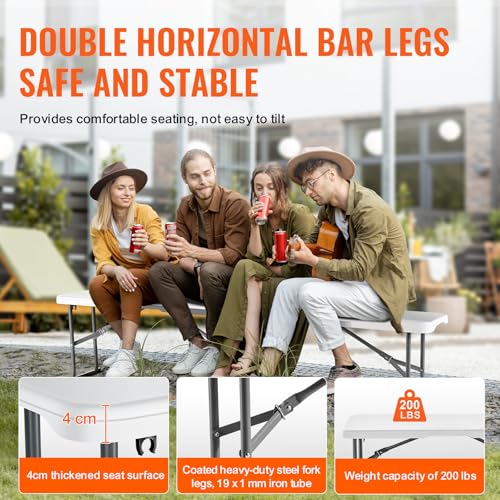 VEVOR Plastic Folding Bench, 6ft Portable Folding Bench, Smooth High Density Polyethylene Waterproof Outdoor Bench, Picnic Camping Table with Handle for Garden Soccer Playtime, White (1 Pack)