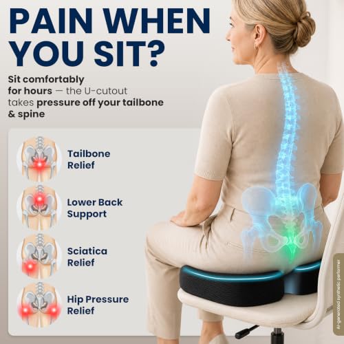 5 STARS UNITED Seat Cushion - Memory Foam Chair Cushion for Tailbone Pain Relief - Ergonomic Support for Coccyx, Sciatica & Butt - Office, Desk & Gaming Chair, Car Seat, Wheelchair, Airplane, Black - color: Black, size: X-Large