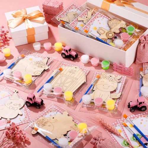 Saypacck 24 Pcs Party Favors Wooden Painting Craft Kits Birthday Party Supplies with Organza Bag for Goodie Bags Fillers Adult Thank You Gifts(Pink Farm) - style: Pink Farm