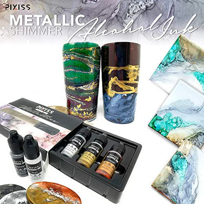Metallic Alcohol Ink Set, Gold, Silver, Gunmetal, Copper, Pearl, Metallic Mixatives with Extreme Shimmer for Alcohol Ink Paper, Large 0.5 Ounce Inks - color: Metallics