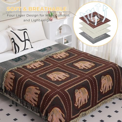 Elephant Pattern Cotton Boho Throw Blanket for Bed with Tassels 90"×98" - color: Brown Elephant, size: 90"x98"