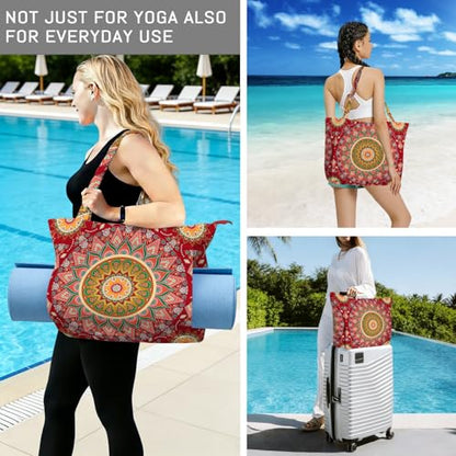 Mandala Yoga Mat Bag Large Yoga Bags and Carrier Fits All Your Stuff Yoga Tote Bags with Zipper Pocket Pilates Bag - color: Red
