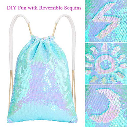 MHJY Sparkly Reversible Sequin Drawstring Backpack for Sports Gym Beach | Sparkly Reversible Sequin Mermaid Backpack With Creative DIY, Featuring Inside Pocket & Drawstring For Dance Swim - color: Mermaid Pale Blue
