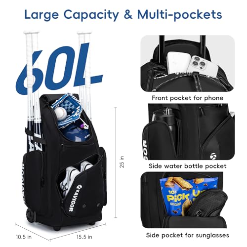 KAVIGOR Rolling Baseball Bag with Wheels, 60L Capacity Softball Bag Holds 4 Bats for Boys and Girls, Youth Equipment Bag with Shoe Compartment - color: Black