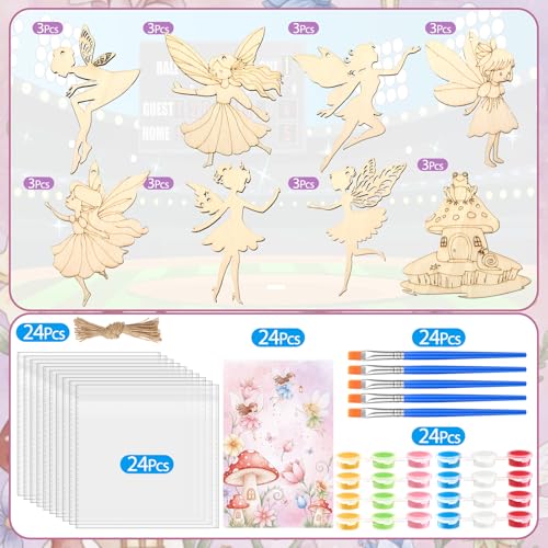 Saypacck 24 Pcs Fairy Birthday Party Favors Wooden Paint Craft Kits | Fairy Theme for Goodie Bags, Organza Bag Packaging, Kids Party Activity, Wooden Ornaments DIY - style: Fairy