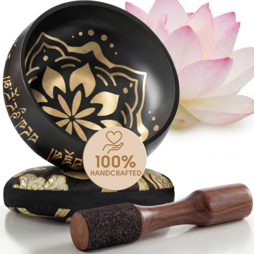 Silent Mind Tibetan Singing Bowl Set – Easy to Play & Beginner Friendly Meditation Bowl with Cushion & Mallet | Stress Relief & Mindfulness | Gift-Ready - color: Coal Black, size: Without Case