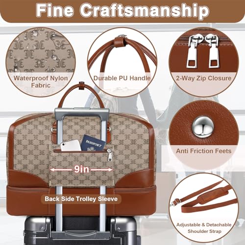 ITIEZY Weekender Bag for Women 21.5" Travel Duffel Large Carry On Bag 3PCS | Nylon Duffel Bag with Waterproof Shoe Compartment, Crossbody Bag and Toiletry Bag, Travel Weekend Hospital Overnight Gym Bag - color: 9-light Brown