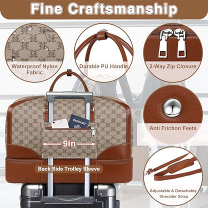 ITIEZY Weekender Bag for Women 21.5" Travel Duffel Large Carry On Bag 3PCS | Nylon Duffel Bag with Waterproof Shoe Compartment, Crossbody Bag and Toiletry Bag, Travel Weekend Hospital Overnight Gym Bag - color: 9-light Brown