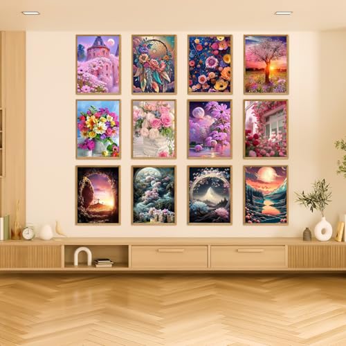 Ellunyo 12 Pack Diamond Painting Kits for Adults,Landscape Diamond Painting Kits, 5D Diamond Painting Kits for Adults, Full Drill Craft Kits 12x16 inch,Cute Painting