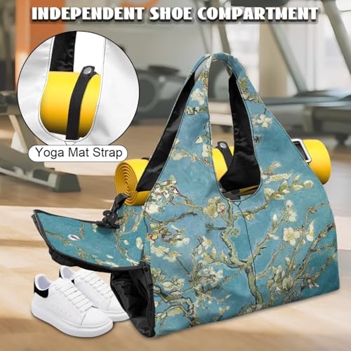 Yoga Gym Bag with Removable Adjustable Shoulder Strap, Shoe Compartment & Top Yoga Mat Holder 17.72x8.66x9.84in - color: Almond Blossom Tree Print