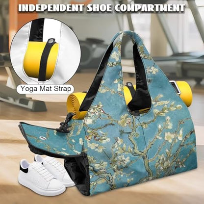 Yoga Gym Bag with Removable Adjustable Shoulder Strap, Shoe Compartment & Top Yoga Mat Holder 17.72x8.66x9.84in - color: Almond Blossom Tree Print