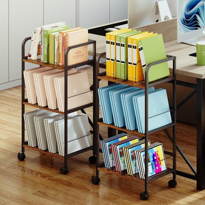 Feyejade Rolling Book Cart with Removable Dividers, 3-Tier File Cart with Wheels, Utility Storage Rack for Office, Home, Classroom, Art Supply Organizer, Binder and Laptop Shelf Rack