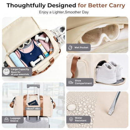 FIORETTO Women's Gym Duffle Bag with Shoes Compartment, 30L Capacity, Ideal for Travel, Gym, Sports, Duffel, Weekender - color: Beige& Brown, style: Gym Bag
