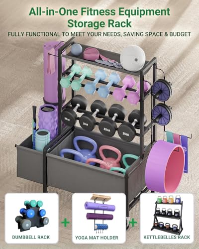 Dumbbell Rack, Adjustable 4-Tier Weight Rack Movable, Home Gym Organizer Up to 405 lb with Lockable Casters & Hooks, Workout Equipment Storage for Dumbbells, Kettlebells, Yoga Mats & Balls