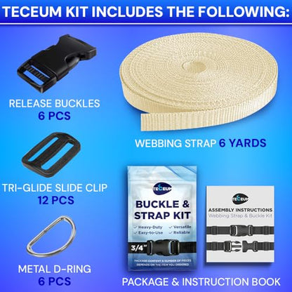 TECEUM 3/4" Nylon Strap Kit with Buckles, Cream 6 yards Repair Set | Heavy duty hardware kit: 6yd webbing, 6 quick release buckles, 12 tri-glide slide clips, 6 metal D-rings for crafting. - color: Cream, size: 3/4" - 6 yards, style: 6 Buckle - 12 Slides -