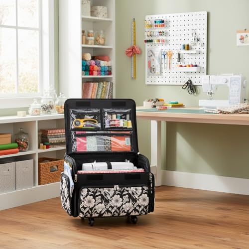 Everything Mary 4 Wheels Collapsible Deluxe Sewing Machine Storage Case - Rolling Trolley Carrying Bag for Brother, Singer - color: Artistic Floral