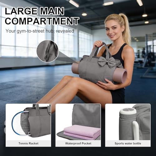Gosect Women’s Crush Bow Puffer Tote Bag, Water Resistant Laptop Travel Yoga Work Bag - color: Grey