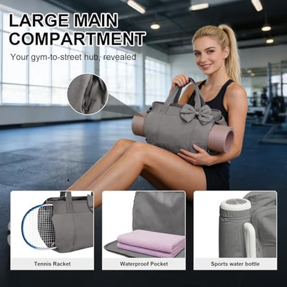 Gosect Women’s Crush Bow Puffer Tote Bag, Water Resistant Laptop Travel Yoga Work Bag - color: Grey