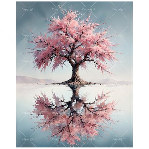 Tree Paint by Numbers Kit for Adults - DIY Pink Cherry Blossom Tree with Water Reflection Painting on Canvas, Acrylic Paint Set for Beginners, Art for Home Decoration or Gifts(12X16IN Framed) - color: HSX00874, size: 12X16IN Framed
