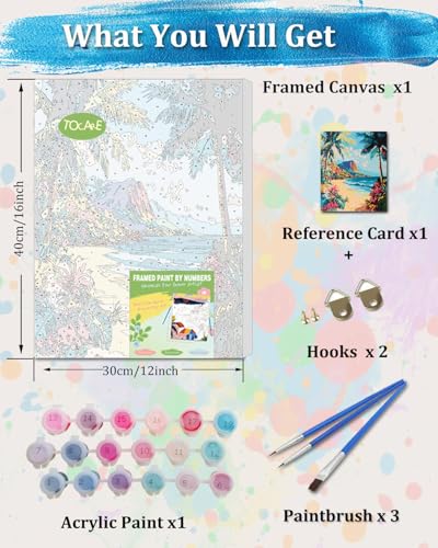 TOCARE Framed Paint by Numbers Kit for Adults, 12x16Inch Hawaii Beach Paint by Numbers with Frame, Palm Tree Seascape Adult Paint by Number Framed Canvas (Without Easel) - color: TC-F-345