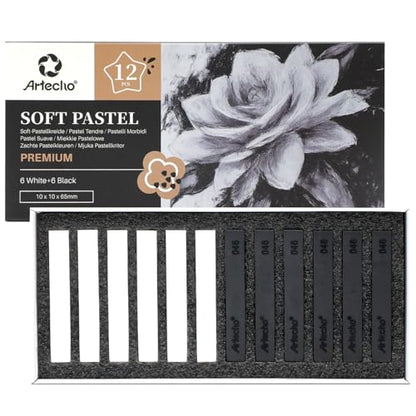 Artecho 12pcs Soft Pastels, 6 White and 6 Black | Square Chalk, For Drawing, Blending, Layering, Shading - style: white and black