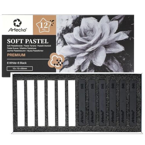 Artecho 12pcs Soft Pastels, 6 White and 6 Black | Square Chalk, For Drawing, Blending, Layering, Shading - style: white and black