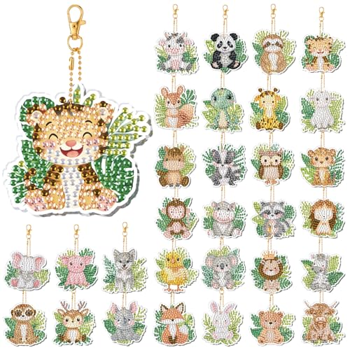 WILLBOND 30 Pcs Jungle Animals Diamond Art Keychain Ornaments | DIY Double Sided Jungle Animals Diamond Painting Keychain Kits for Adults Key Ring Art Pendant Tree Decor - color: Jungle Animals